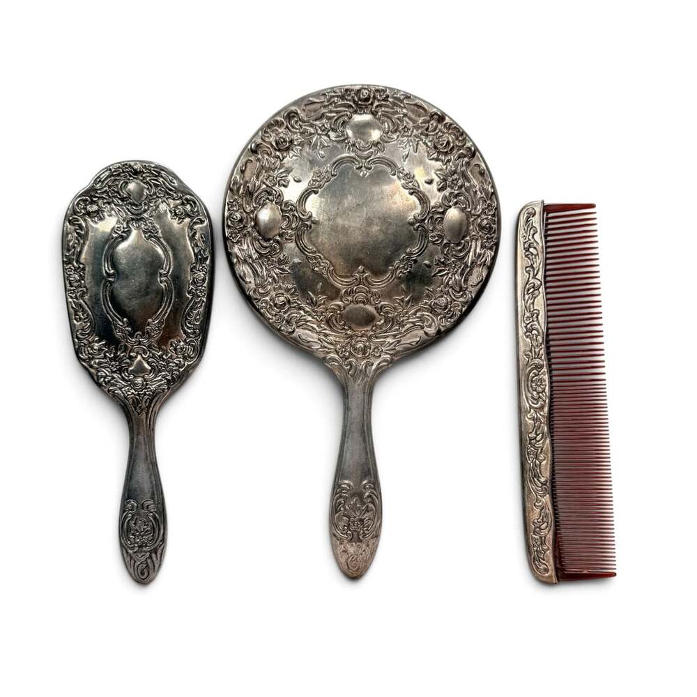 Vintage Ornate Silver Tone Vanity Mirror Brush & Comb 3 Piece Set